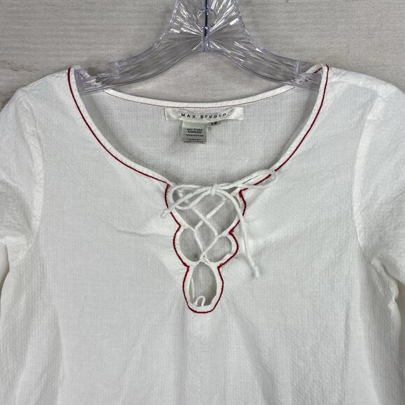 Max Studio Embroidered Peasant Blouse XS White Red Floral 100% Cotton 3/4 Slv - Picture 2 of 9